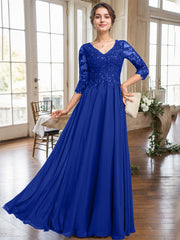 A-line V-Neck Floor-Length Lace Chiffon Mother of the Bride Dress With Sequins