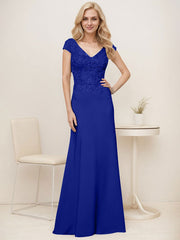 A-Line V-Neck Sweep Train Elastic Mother Of The Bride Dresses With Lace