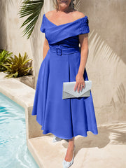 A-Line Off-The-Shoulder Tea-Length Chiffon Mother Of The Bride Dresses With Beading