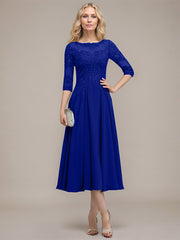 A-line Scoop Illusion Tea-Length Chiffon Lace Mother of the Bride Dress With Sequins Beading