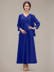 A-line V-Neck Ankle-Length Chiffon Mother of the Bride Dress With Sequins Appliques Lace Beading