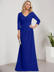 Sheath/Column V-Neck Illusion Floor-Length Lace Chiffon Mother of the Bride Dress With Pleated Sequins