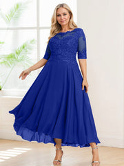 A-line Illusion Boat Neck Asymmetrical Chiffon Lace Mother of the Bride Dress With Sequins Beading