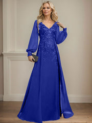 A-Line V-Neck Long Sleeves Floor-Length Chiffon Mother Of The Bride Dresses With Lace