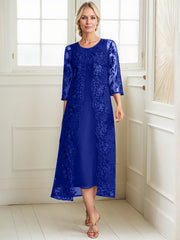A-line Scoop Tea-Length Lace Chiffon Mother of the Bride Dress