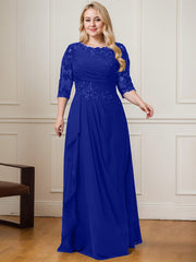 A-line Scoop Floor-Length Lace Chiffon Mother of the Bride Dress With Cascading Ruffles Sequins