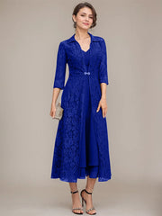 A-line V-Neck Tea-Length Chiffon Mother of the Bride Dress