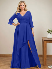 A-line V-Neck Floor-Length Chiffon Mother of the Bride Dress With Cascading Ruffles