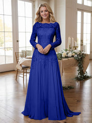 A-line Bateau Long Sleeves Appliques Lace Sweep Train Chiffon Mother of the Bride Dres