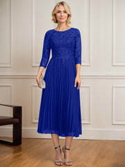 A-line Scoop Illusion Tea-Length Lace Chiffon Mother of the Bride Dress With Sequins Pleated
