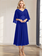 A-line V-Neck Tea-Length Chiffon Mother of the Bride Dress With Pleated Sequins Appliques Lace Beadind