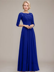 A-line Boat Neck Illusion Floor-Length Chiffon Lace Mother of the Bride Dress With Sequins Beading