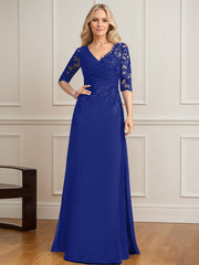 A-line V-Neck Floor-Length Lace Chiffon Mother of the Bride Dress With Pleated Sequins