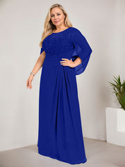 A-line Scoop Illusion Floor-Length Lace Chiffon Mother of the Bride Dress With Sequins Pleated