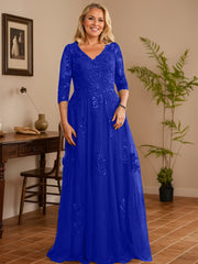 A-line V-Neck Floor-Length Tulle Lace Mother of the Bride Dress With Sequins
