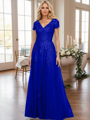 A-Line V-Neck Short Sleeves Sweep Train Lace/Tulle Mother Of The Bride Dresses
