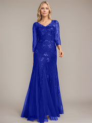 Trumpet/Mermaid Illusion V-Neck Floor-Length Tulle Sequin Lace Mother of the Bride Dress
