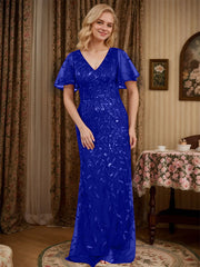 Sheath V-neck Short Sleeves Floor-Length Lace Mother of the Bride Dress