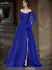 A-Line Off-The-Shoulder 3/4 Sleeves Sweep Train Lace/Satin Mother Of The Bride Dresses With Split Front