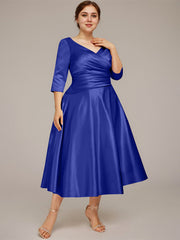 A-line V-Neck Tea-Length Satin Mother of the Bride Dress With Pleated