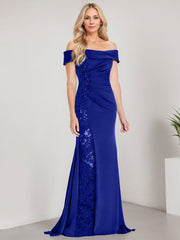 A-Line Off the Shoulder Floor-Length Chiffon Mother of the Bride Dress Applique Beadings Mermaid Dress With  High Split