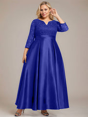 A-line V-Neck Ankle-Length Lace Satin Mother of the Bride Dress With Rhinestone
