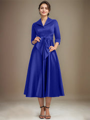 A-line V-Neck Collared Tea-Length Satin Mother of the Bride Dress