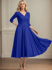 A-line V-Neck Tea-Length Chiffon Lace Mother of the Bride Dress With Beading Sequins