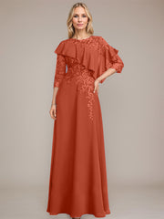 A-line Scoop Illusion Floor-Length Chiffon Lace Mother of the Bride Dress With Ruffle Sequins Beading