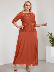 A-line Scoop Illusion Ankle-Length Chiffon Lace Mother of the Bride Dress With Rhinestone Beading
