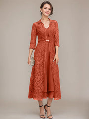 A-line V-Neck Tea-Length Chiffon Mother of the Bride Dress