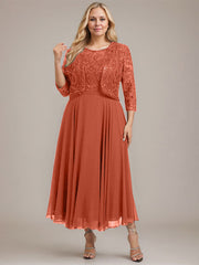 A-line Boat Neck Illusion Tea-Length Lace Chiffon Mother of the Bride Dress With Sequins