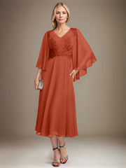 A-line V-Neck Tea-Length Chiffon Lace Mother of the Bride Dress With Sequins Beading