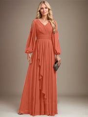 A-line Cold Shoulder V-Neck Floor-Length Chiffon Mother of the Bride Dress With Cascading Ruffles Beading