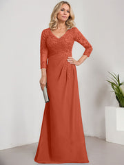 Sheath/Column V-Neck Illusion Floor-Length Lace Chiffon Mother of the Bride Dress With Pleated Sequins