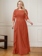 A-line Scoop Floor-Length Lace Chiffon Mother of the Bride Dress With Cascading Ruffles Sequins
