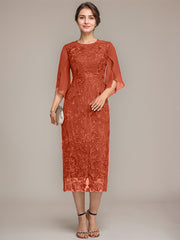 Sheath/Column Scoop Tea-Length Lace Chiffon Mother of the Bride Dress