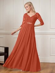 A-Line Floor-Length V-Neck Lace Chiffon Mother of the Bride Dress