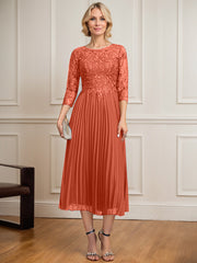 A-line Scoop Illusion Tea-Length Lace Chiffon Mother of the Bride Dress With Sequins Pleated