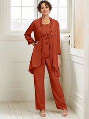 Elegant Appliques 3 Pieces Chiffon Mother of The Bride Jumpsuit with Wrap
