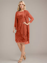 Sheath/Column Scoop Illusion Knee-Length Lace Chiffon Mother of the Bride Dress With Cascading Ruffles Sequins