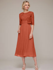 A-line/Princess Scoop Tea-Length Chiffon Mother of the Bride Dress With Lace Jacket