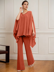 Separates Jumpsuit/Pantsuit V-Neck Floor-Length Chiffon Mother of the Bride Dress With Beading
