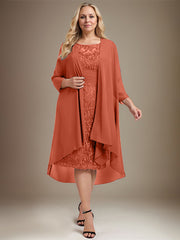 Sheath/Column Scoop Illusion Knee-Length Lace Chiffon Mother of the Bride Dress With Cascading Ruffles Sequins