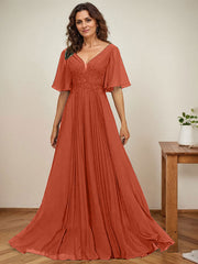 A-line V-Neck Floor-Length Chiffon Mother of the Bride Dress With Sequins Appliques Lace Pleated