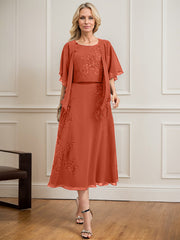 A-line Scoop Tea-Length Lace Chiffon Mother of the Bride Dress With Sequins