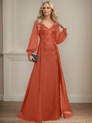 A-Line V-Neck Long Sleeves Floor-Length Chiffon Mother Of The Bride Dresses With Lace