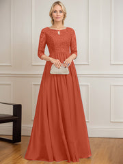 A-line Scoop Floor-Length Lace Chiffon Mother of the Bride Dress With Crystal Brooch Sequins