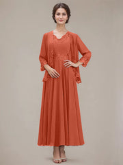 A-line V-Neck Ankle-Length Chiffon Mother of the Bride Dress With Sequins Appliques Lace Beading