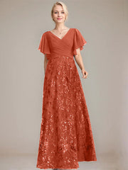 A-line V-Neck Floor-Length Lace Sequin Chiffon Mother of the Bride Dress With Pleated